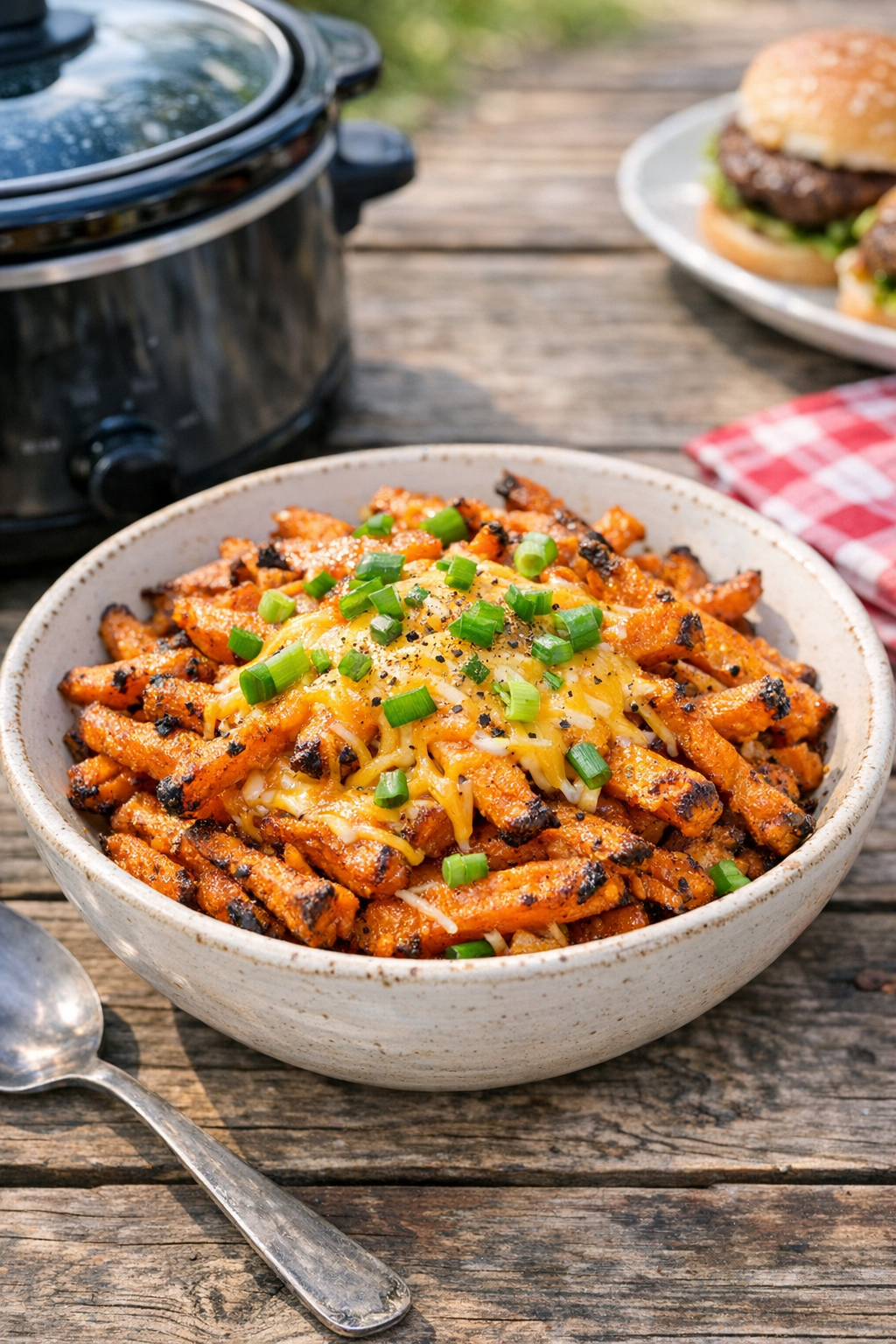 Finished slow cooker sweet potato fries plated for dinner