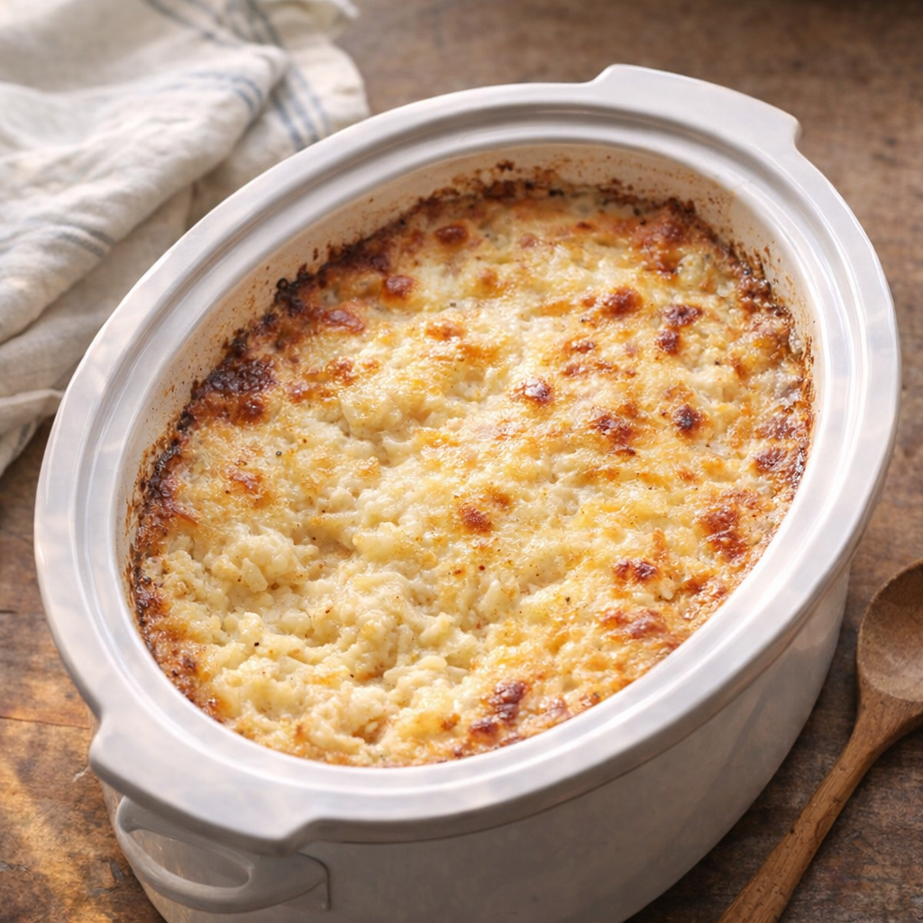 Slow cooker scalloped potato casserole on a country kitchen counter