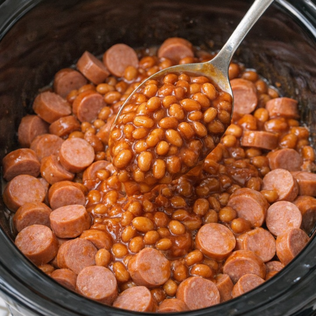 Sliced hot dogs and beans layered in the slow cooker