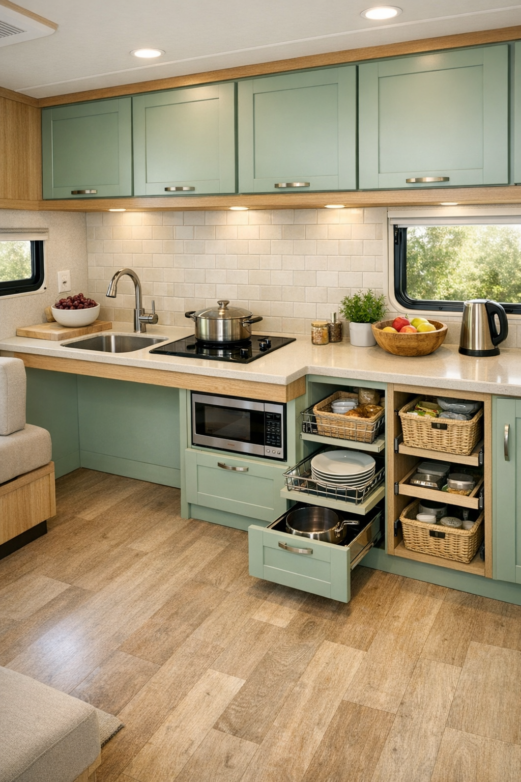 Mint green accessible RV kitchen with lowered counters and light wood accents