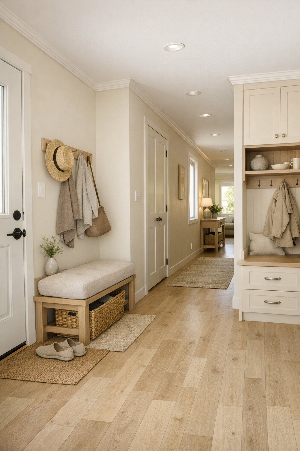 Bright hallway and entry nook with built-in storage, bench seating, and warm neutral finishes