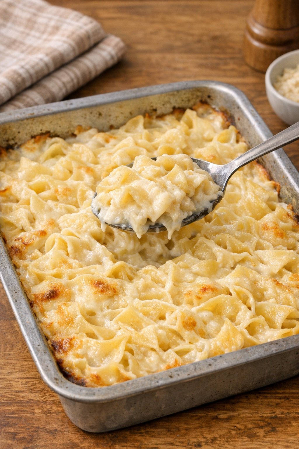 Baked white cheddar egg noodles in a casserole dish
