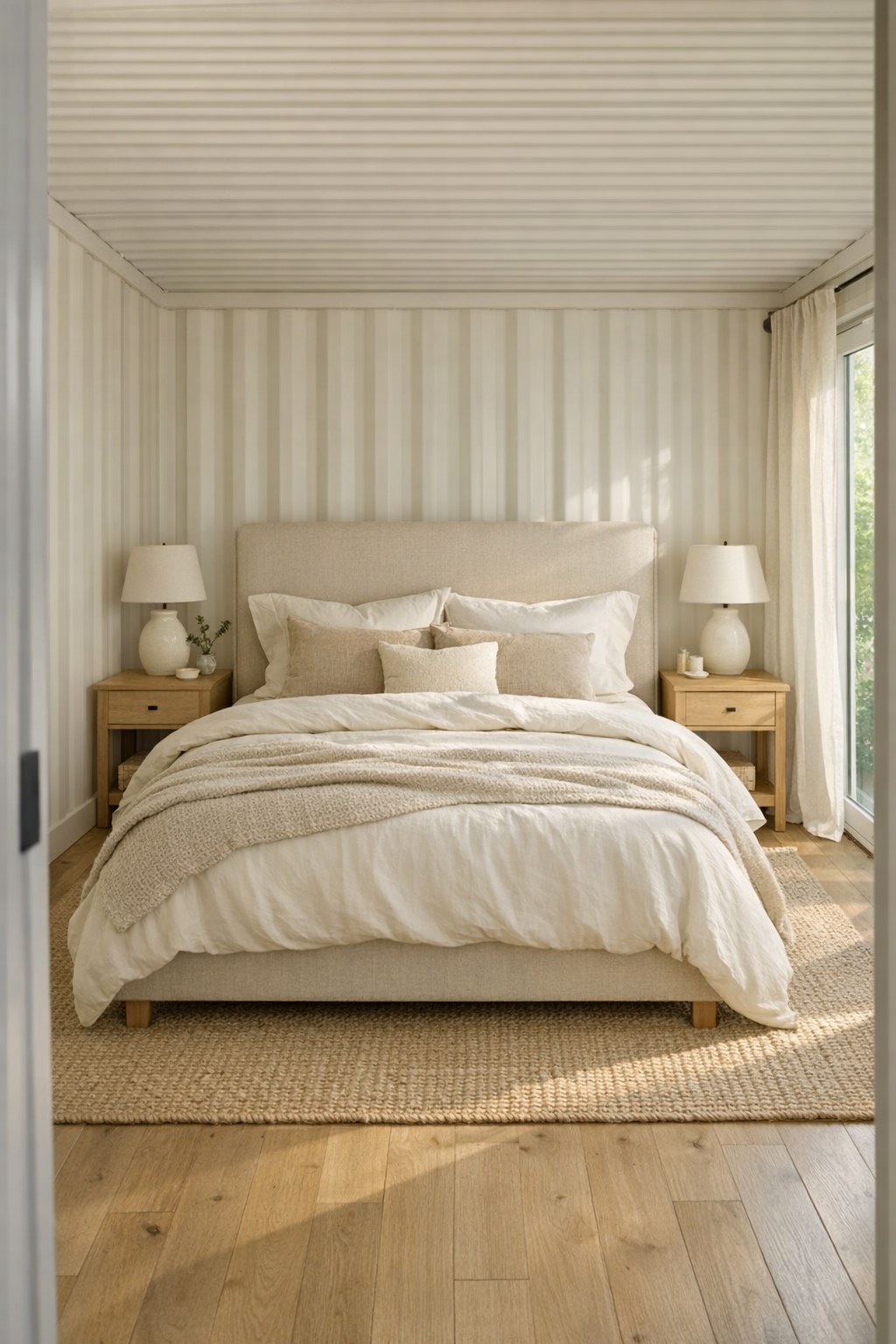 Serene bedroom with layered neutral bedding, light wood floors, and soft natural light