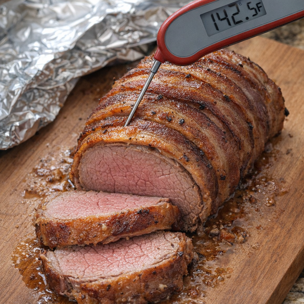 Instant-read thermometer checking the temperature of sliced sirloin