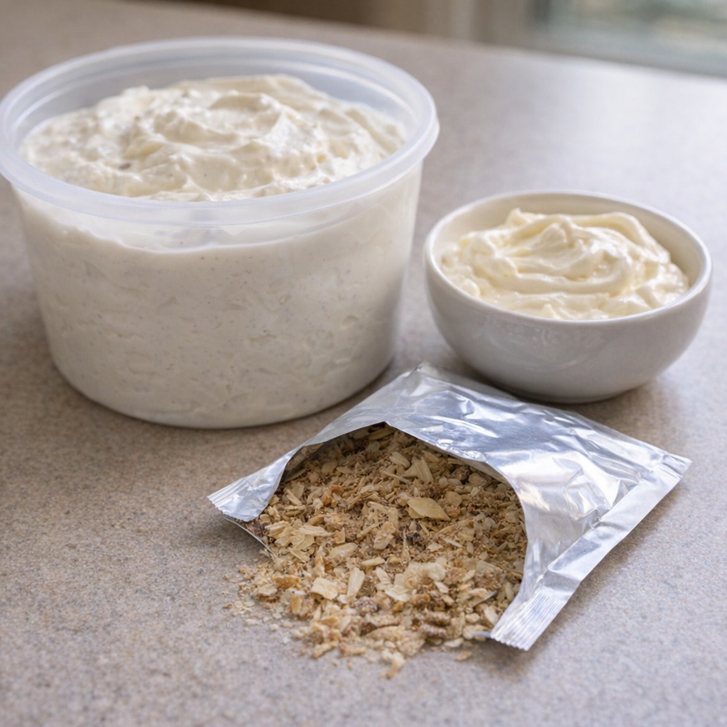 Measured ingredients for French onion dip on a kitchen counter