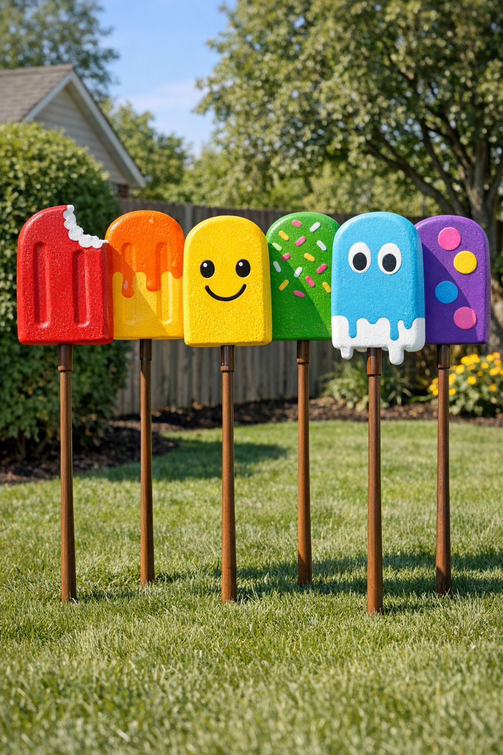 Six finished giant backyard popsicles made from painted foam kickboards mounted on brown wooden broom handles