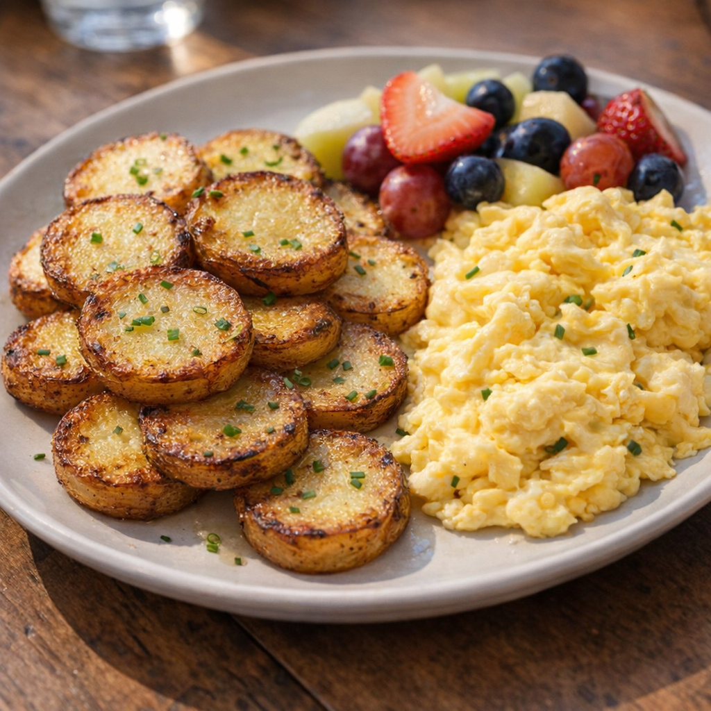 Brunch plate with crispy potato rounds and eggs