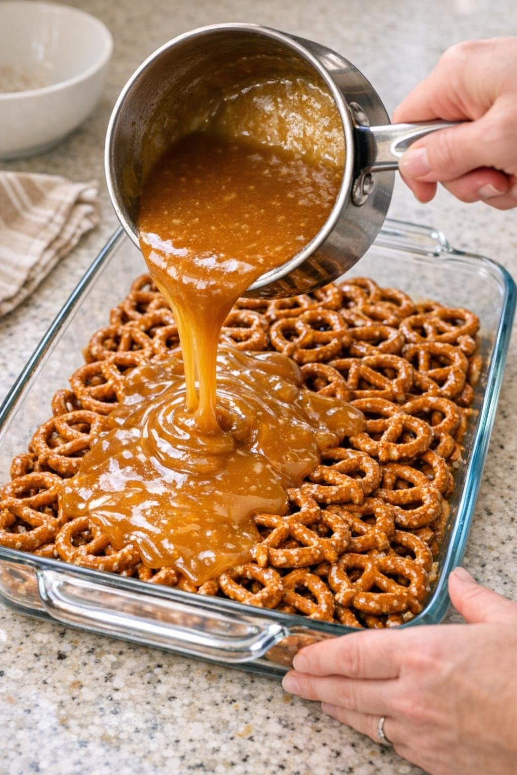 Een mengsel van karamel en boter over pretzels gegoten.
