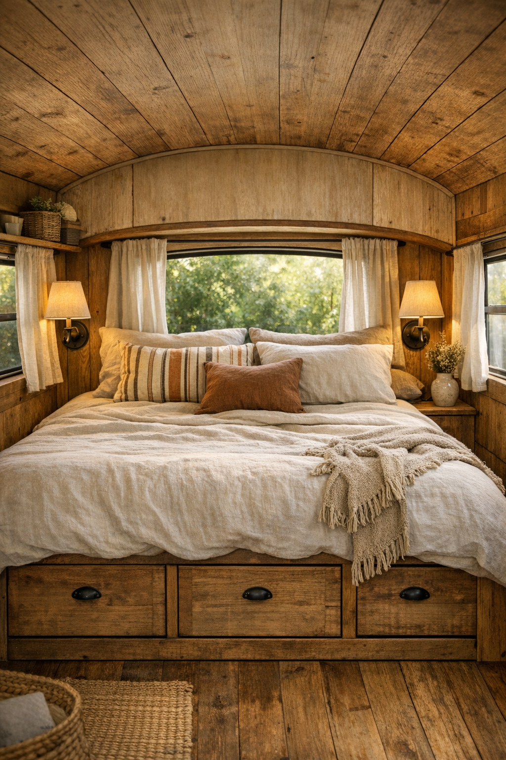 Cozy bus bedroom with built-in bed, linen bedding, and wood-paneled walls