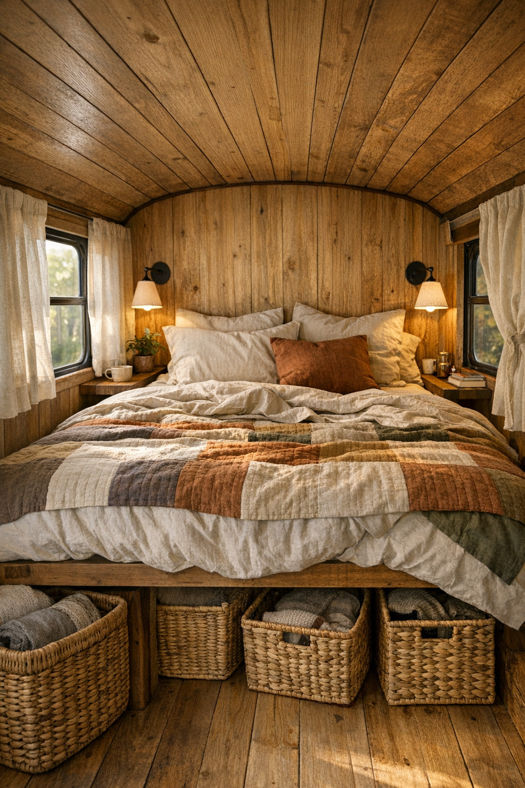 Cozy bedroom in a converted bus with linen bedding, wood cladding, and soft natural tones