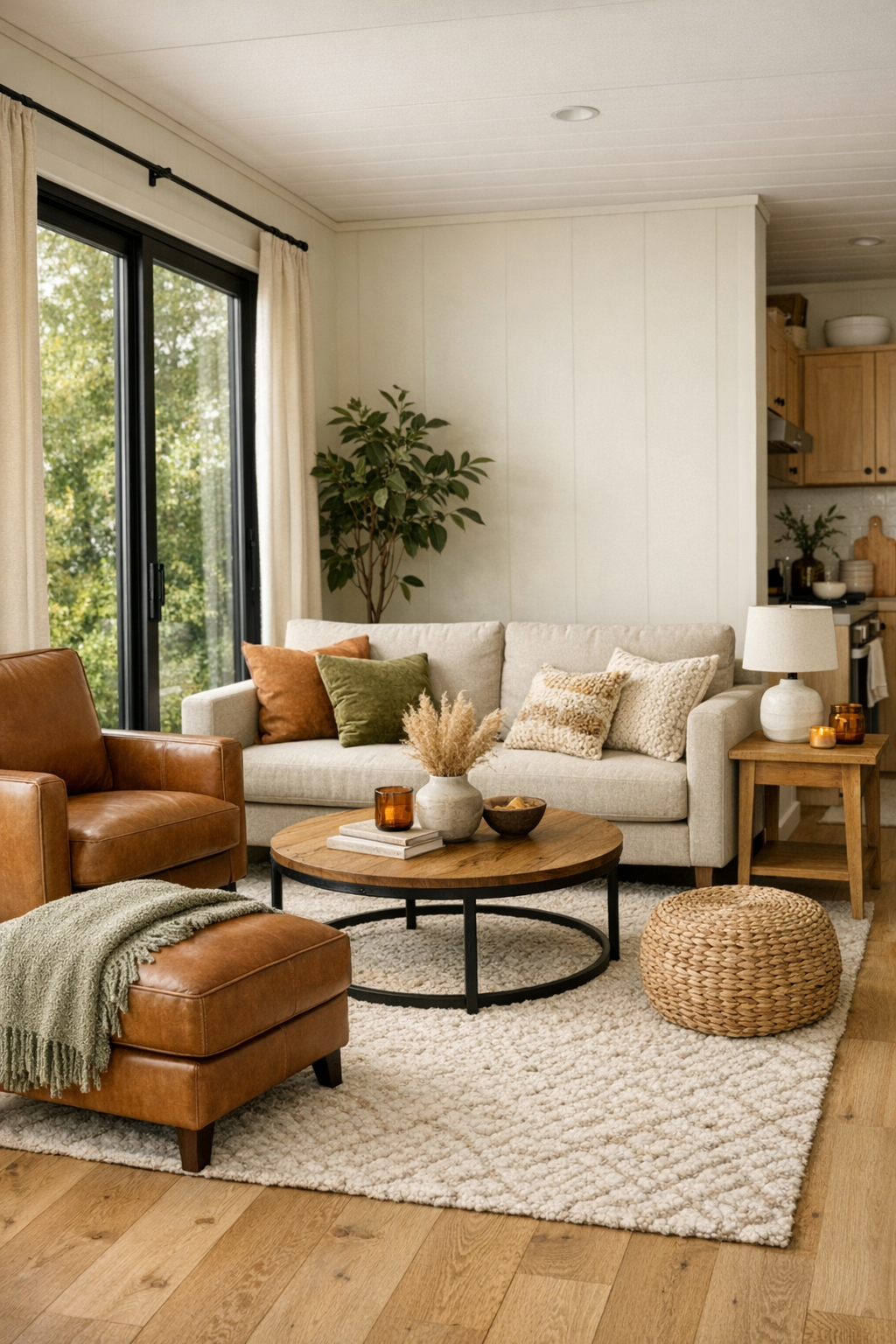 Warm modern living room with oak floors, creamy walls, and caramel leather seating