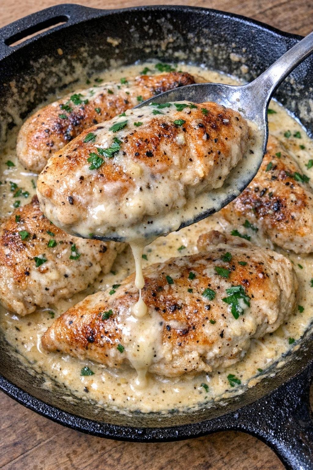 Golden pan-seared chicken breasts in creamy sauce