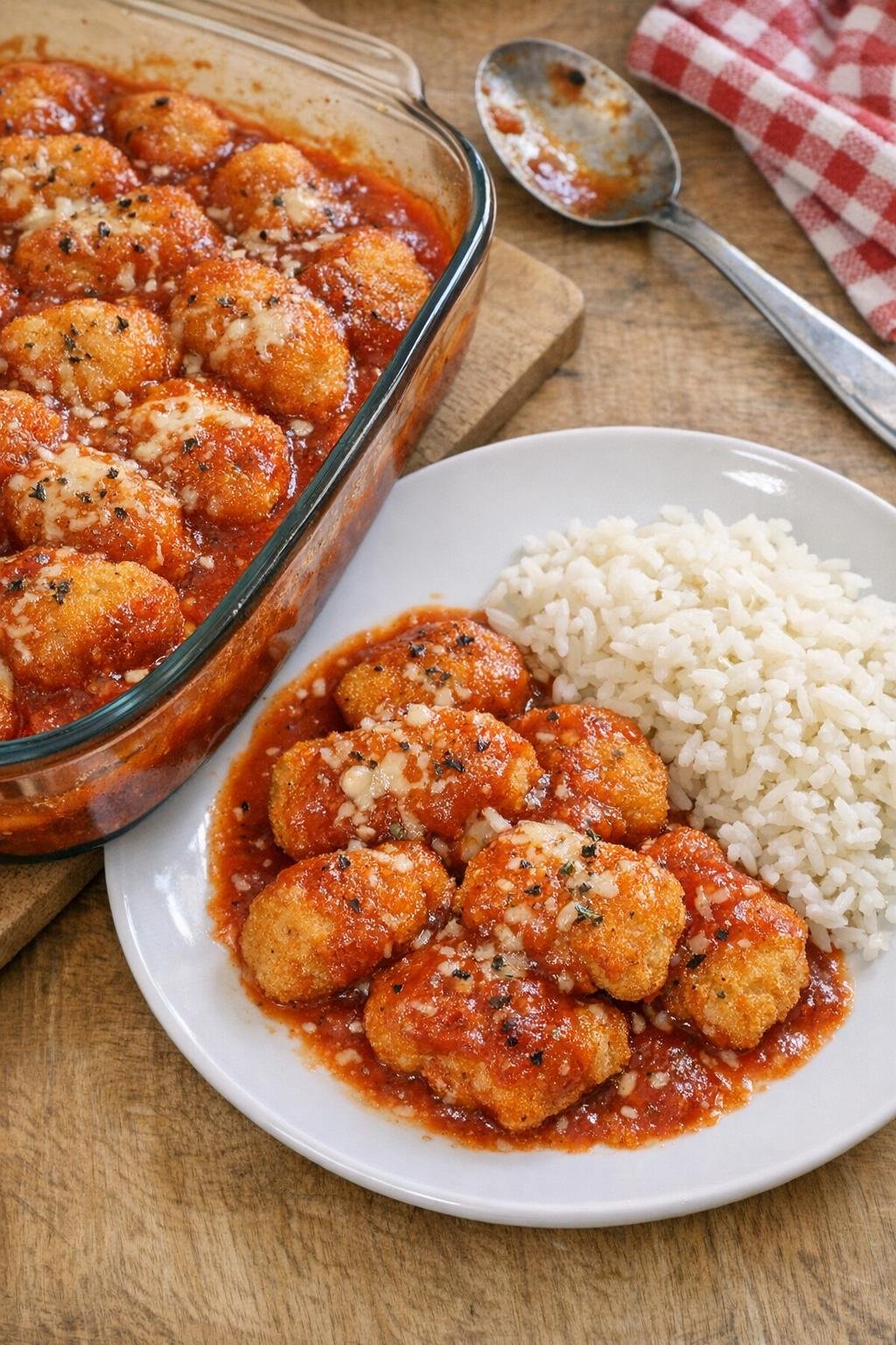 Finished baked chicken nuggets casserole in a glass dish