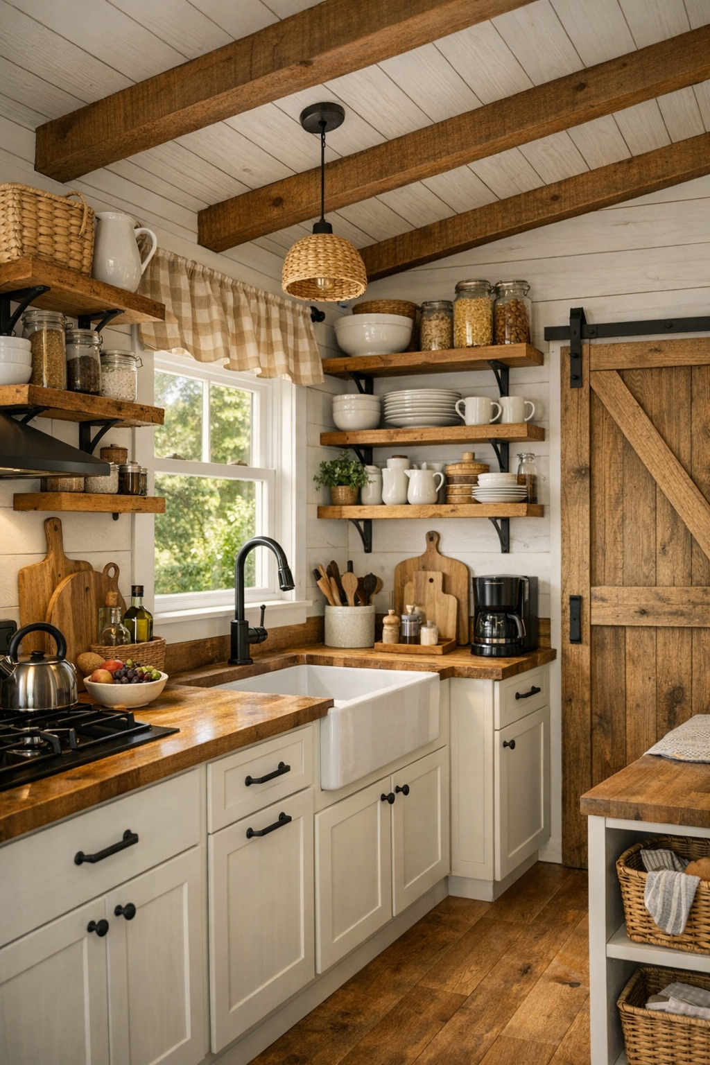 Handcrafted tiny home kitchen with shaker cabinets, butcher block counters, and apron-front sink