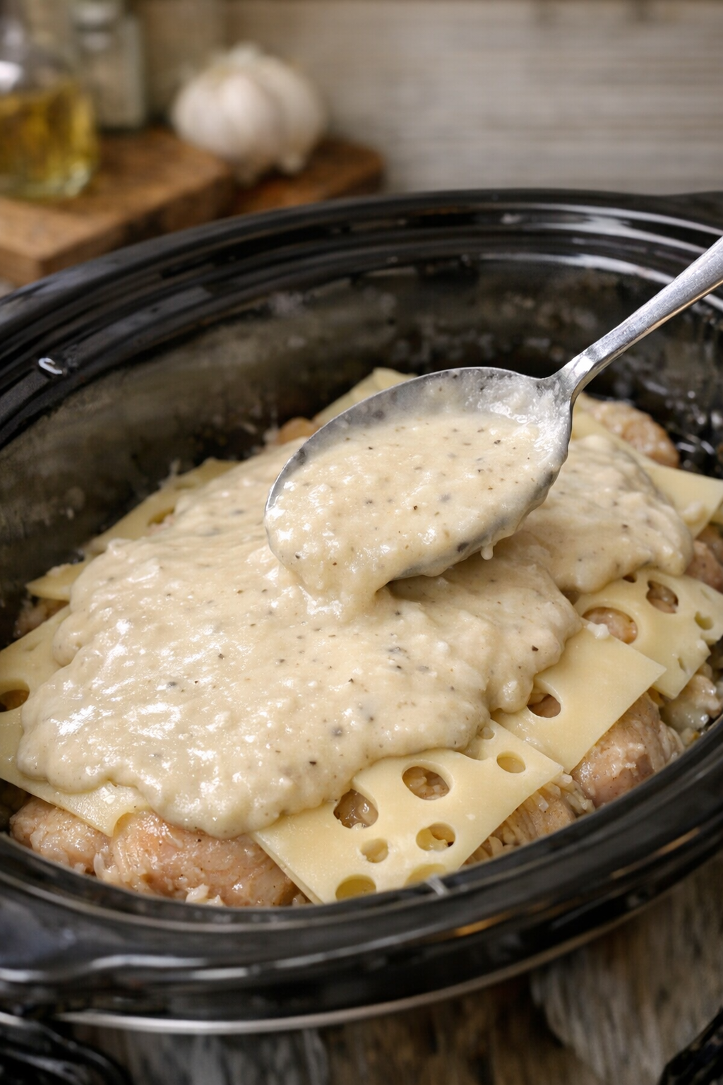Creamy soup mixture spread over Swiss cheese in the slow cooker