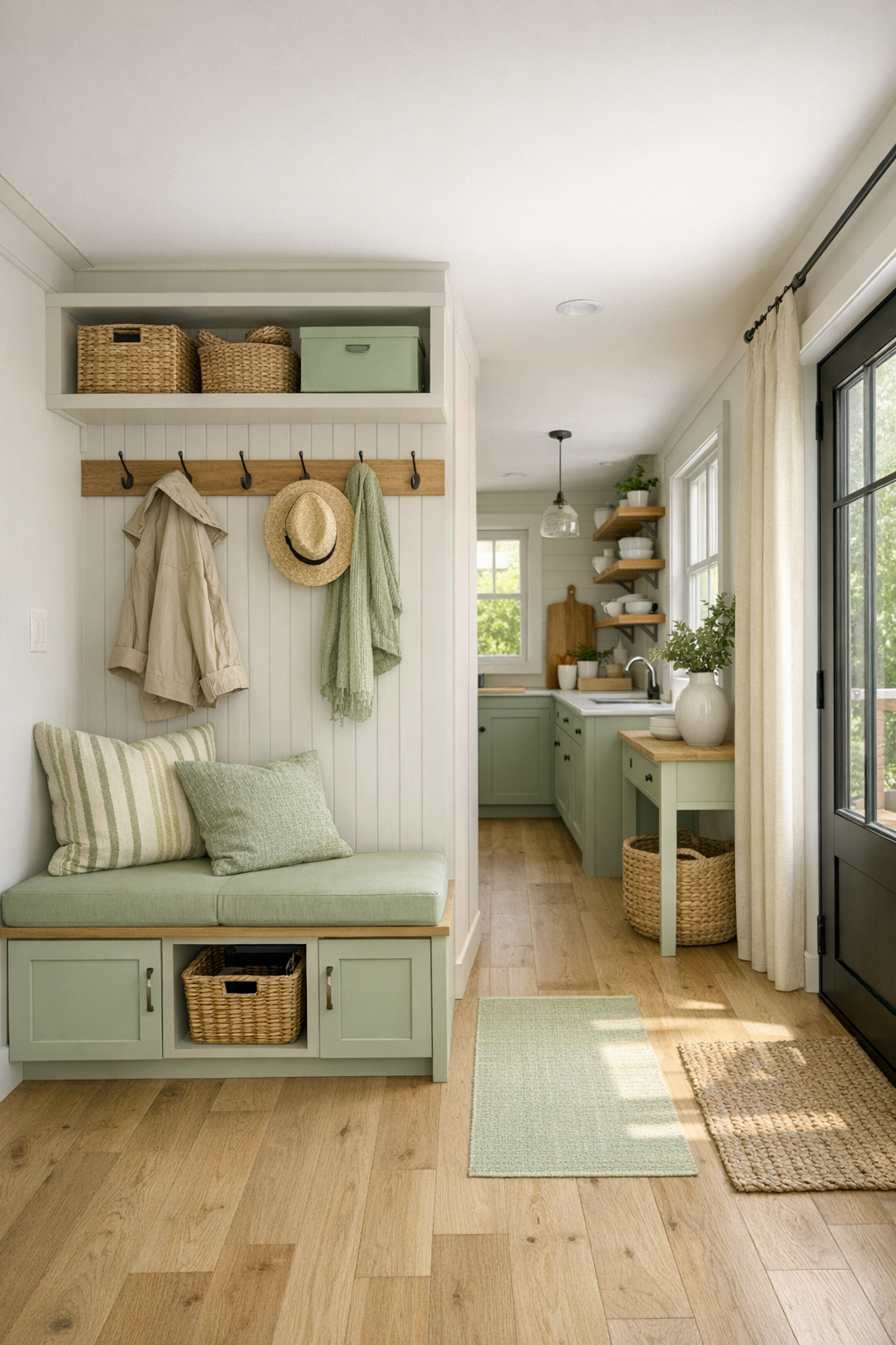 Tiny home entry and storage area with built-in bench and accessible circulation