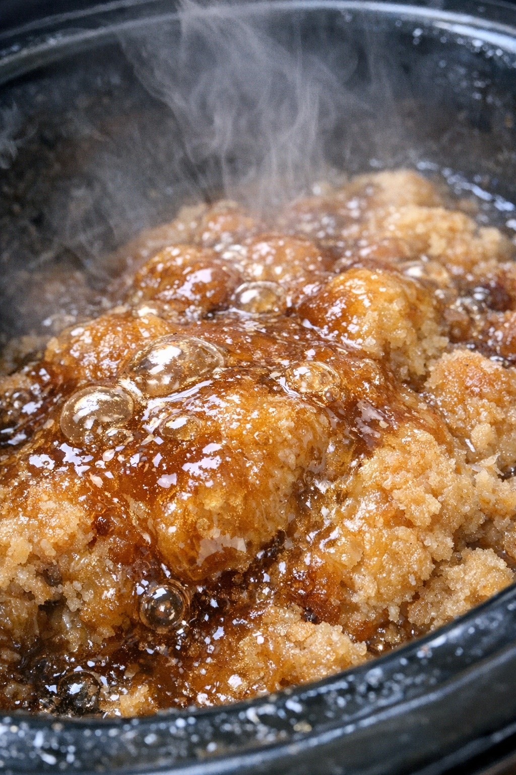 Slow cooker dessert with bubbling golden-brown syrup