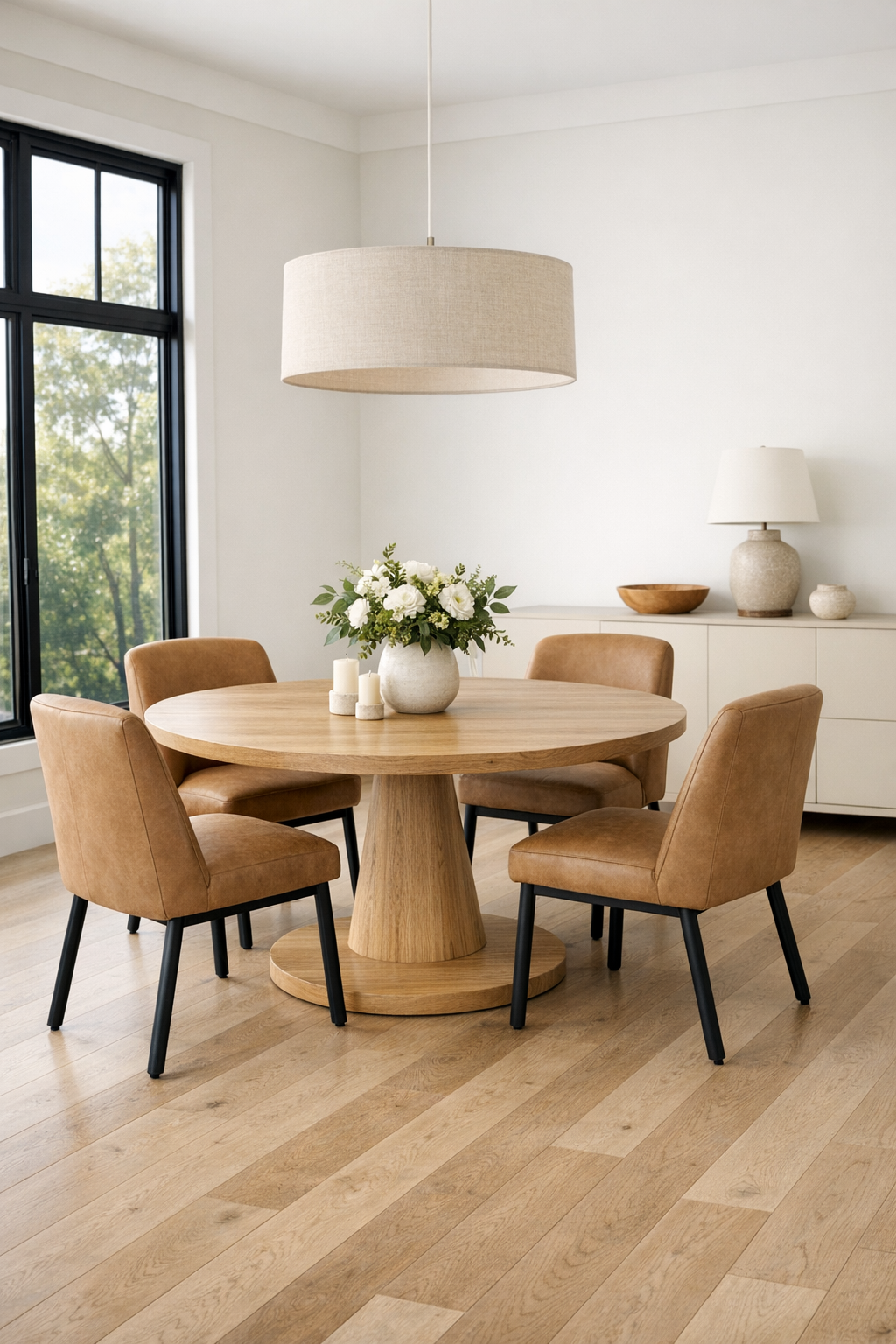 Accessible dining room with round oak table, camel chairs, and soft pendant lighting