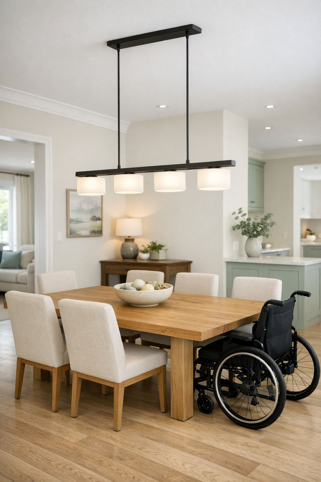 Light modern dining room with oak table, upholstered chairs, and black pendant lighting