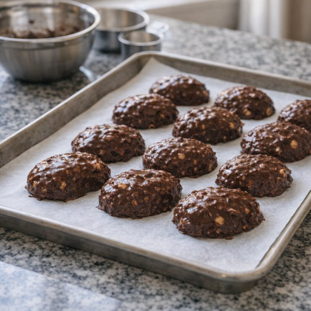 Baking sheet lined with parchment on a kitchen counter