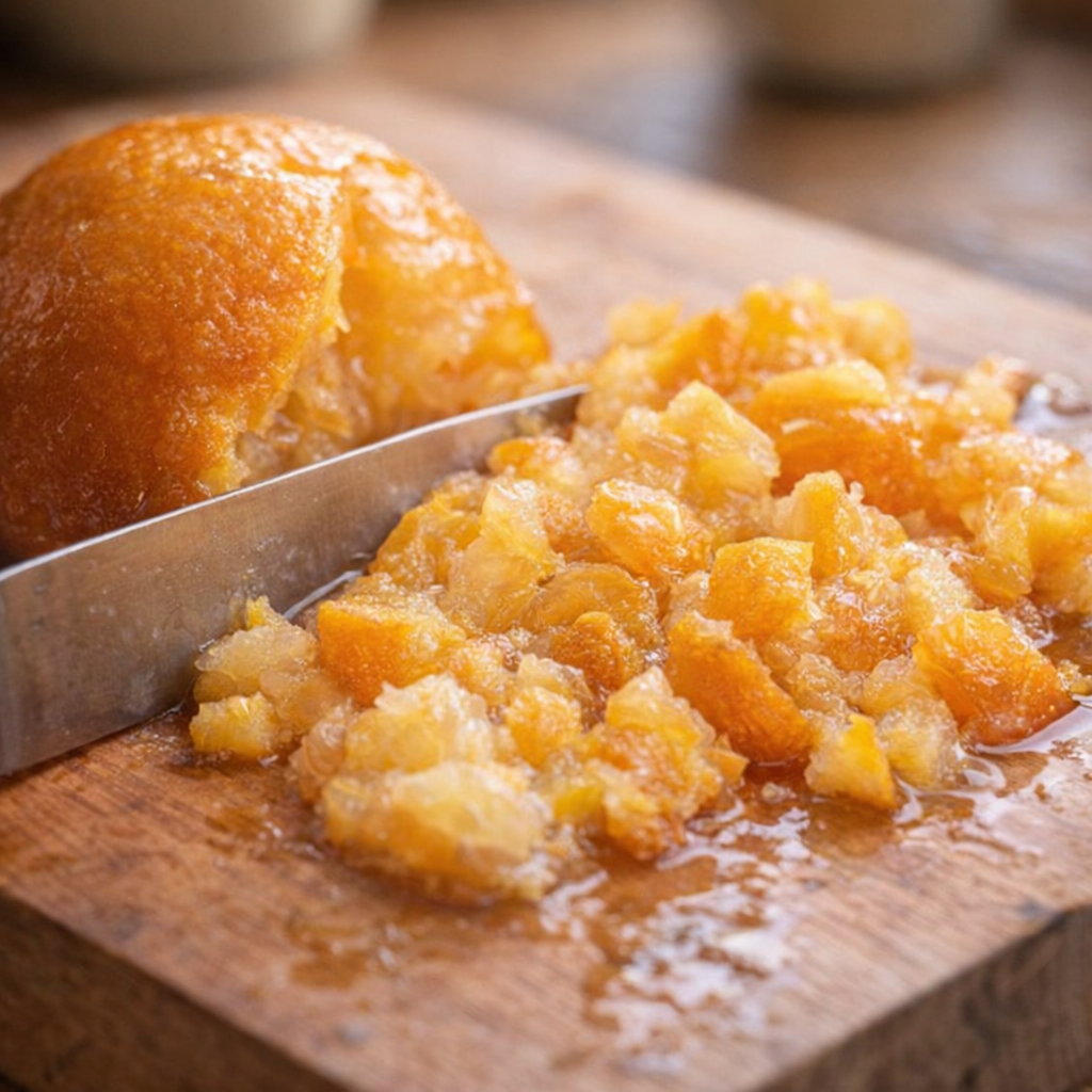Soft cooked orange being chopped on a cutting board