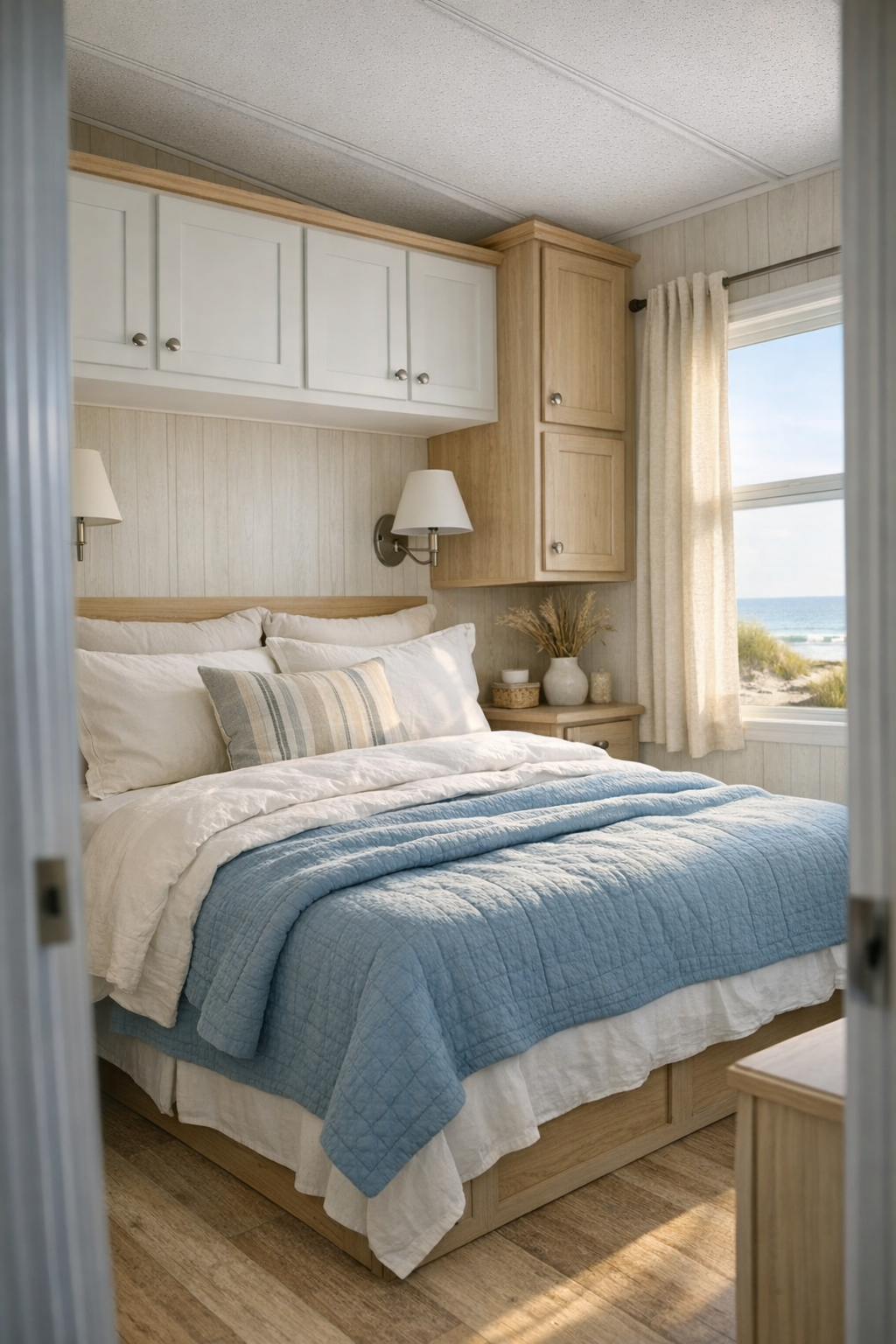 Serene coastal bedroom with layered white bedding, blue textiles, and light wood details