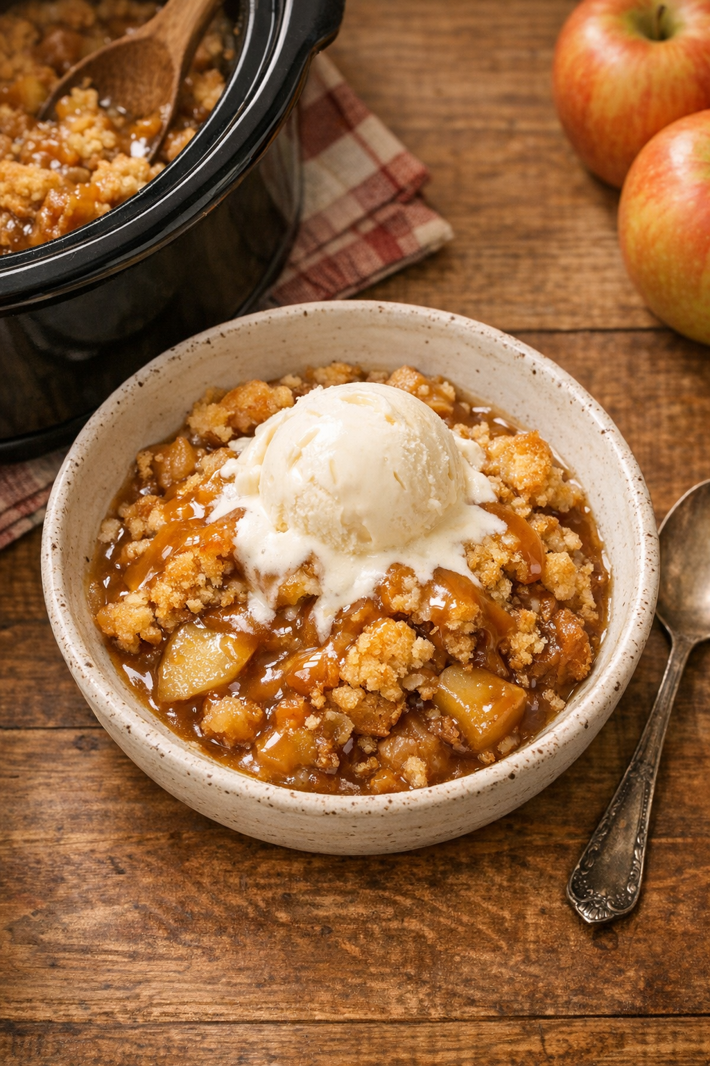 Finished caramel apple slow cooker dessert