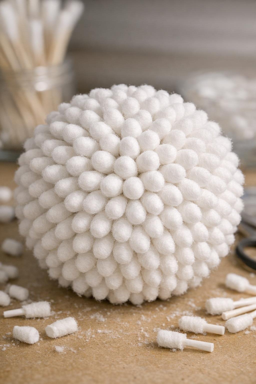 Foam ball fully covered with cotton swabs before glitter