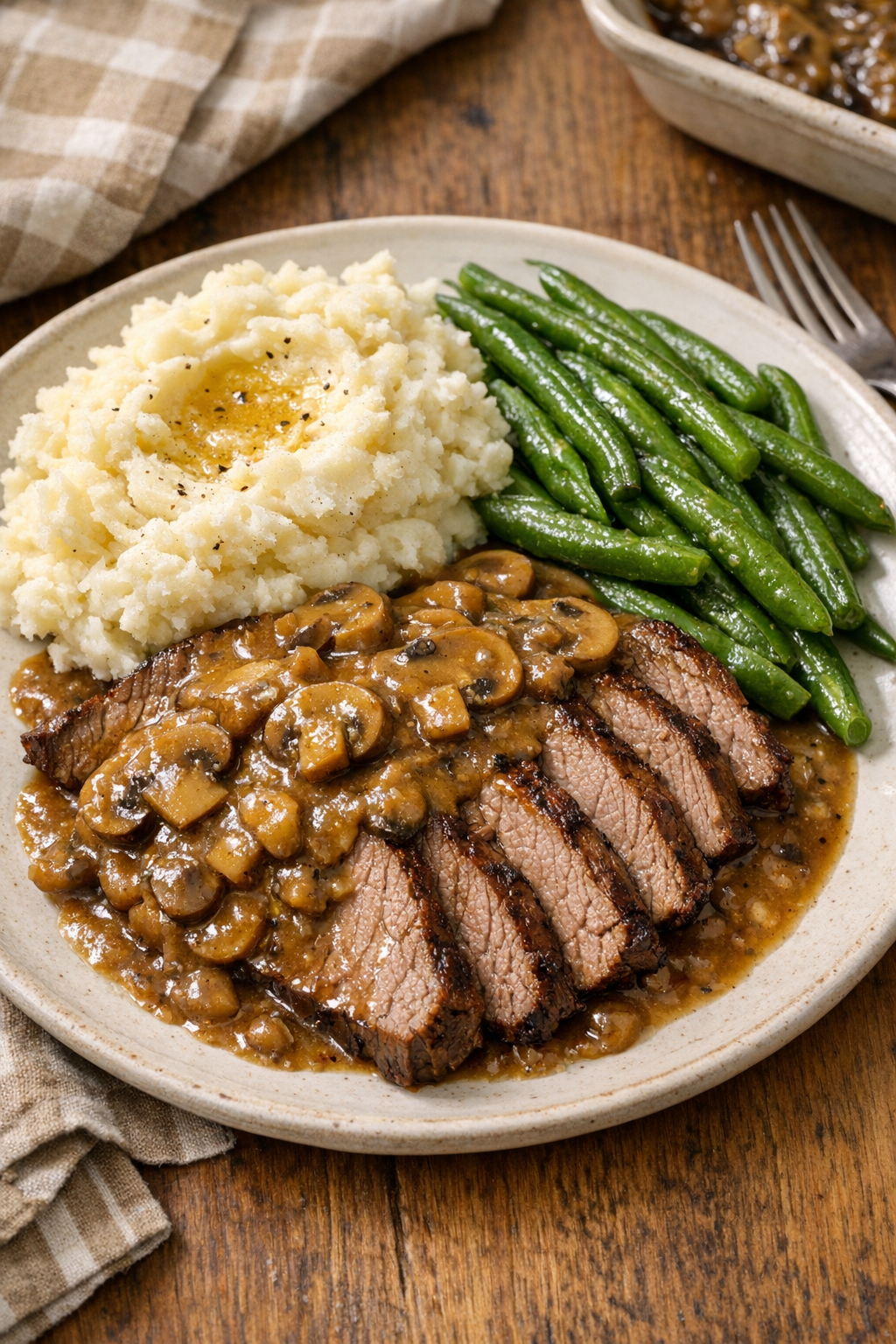Finished Amish beef and golden mushroom bake plated with gravy