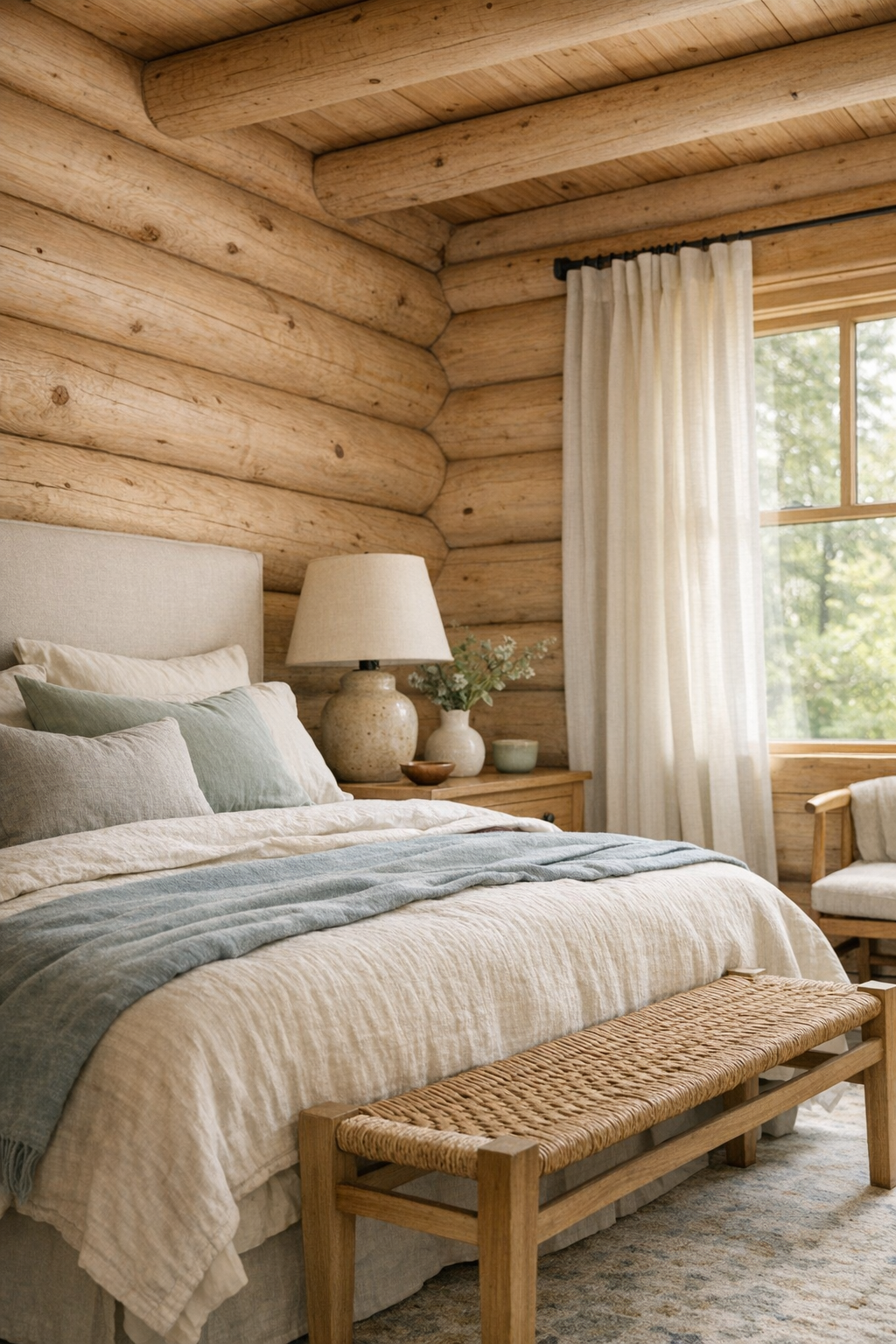 Peaceful log home bedroom with layered linens and exposed beams