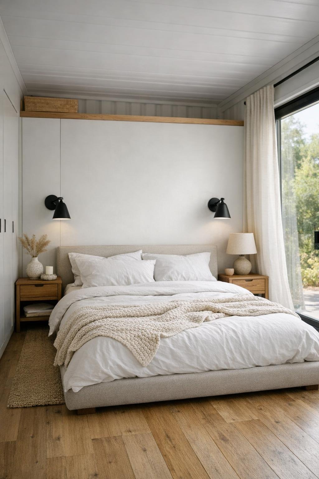 Calm container home bedroom with upholstered bed, soft bedding, and warm wood accents