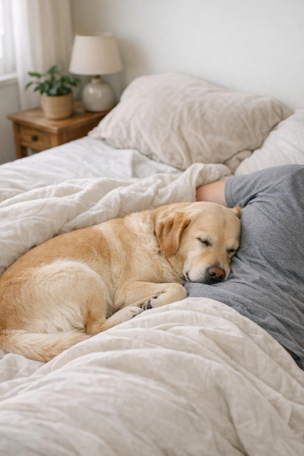 Dog sleeping pressed against its owner on a bed