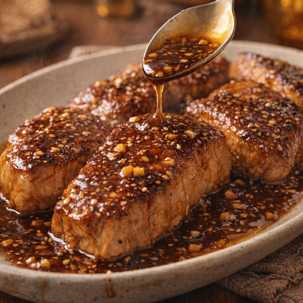 Finished pork chops with sauce spooned over top
