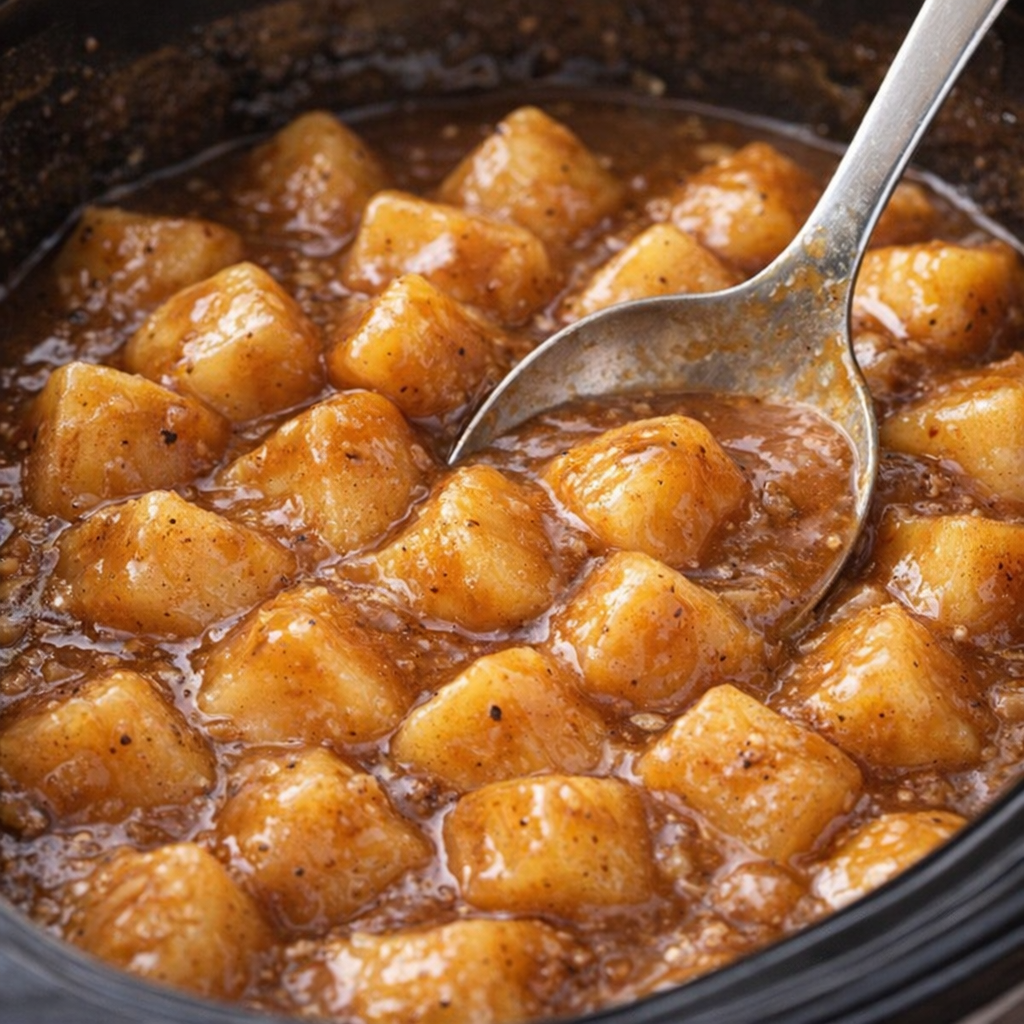 Finished potatoes and gravy being stirred in the slow cooker