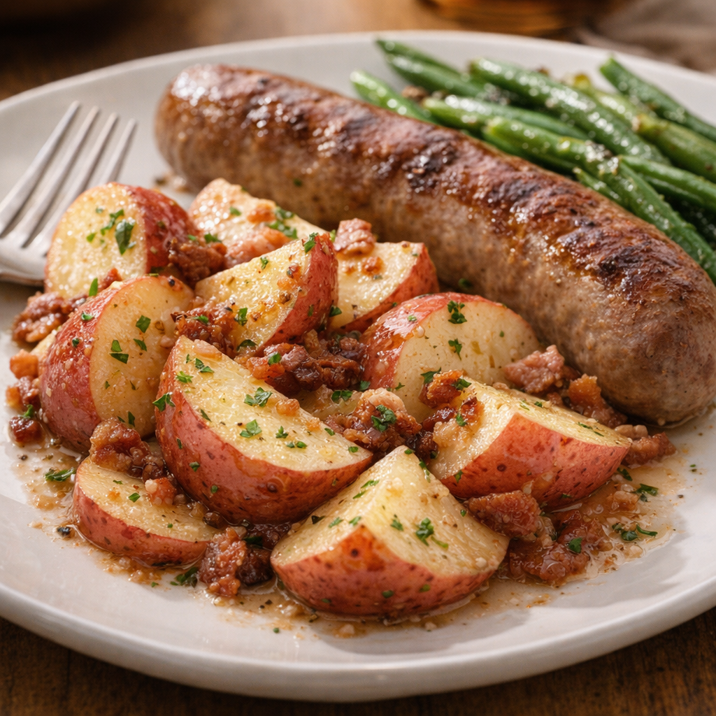 German potato salad plated with bratwurst and green beans