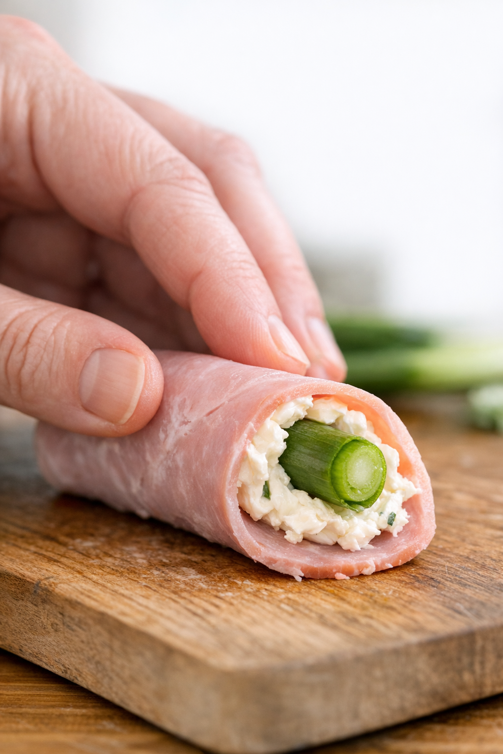 Ham being rolled around a green onion