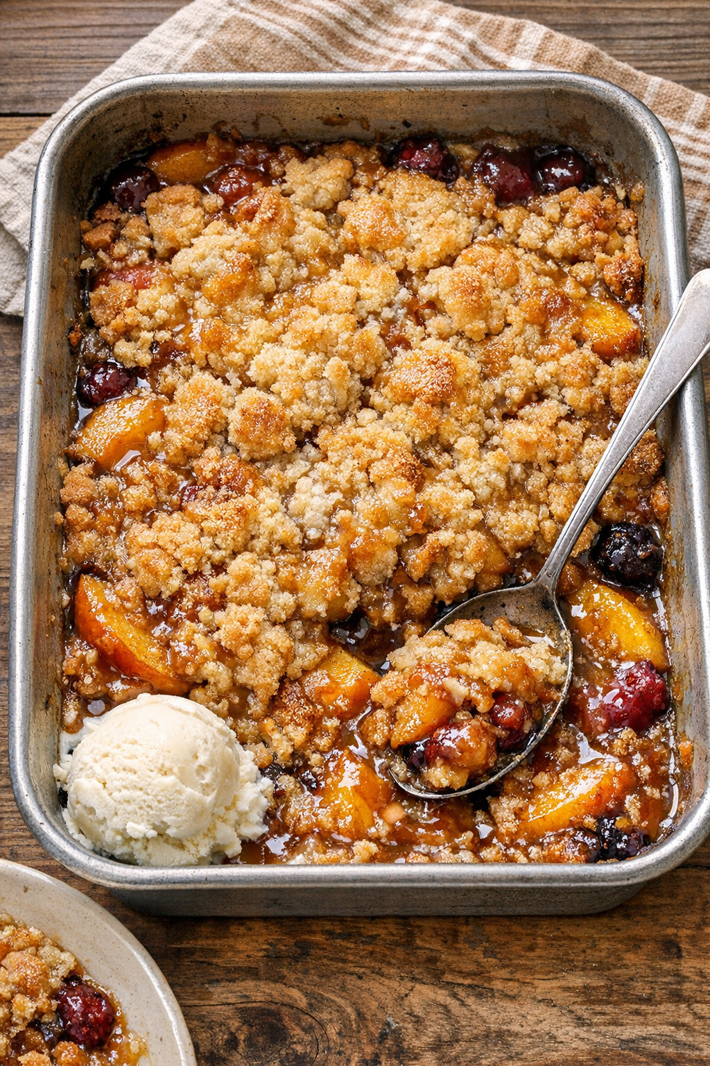 Finished baked summer sweet in a metal baking dish