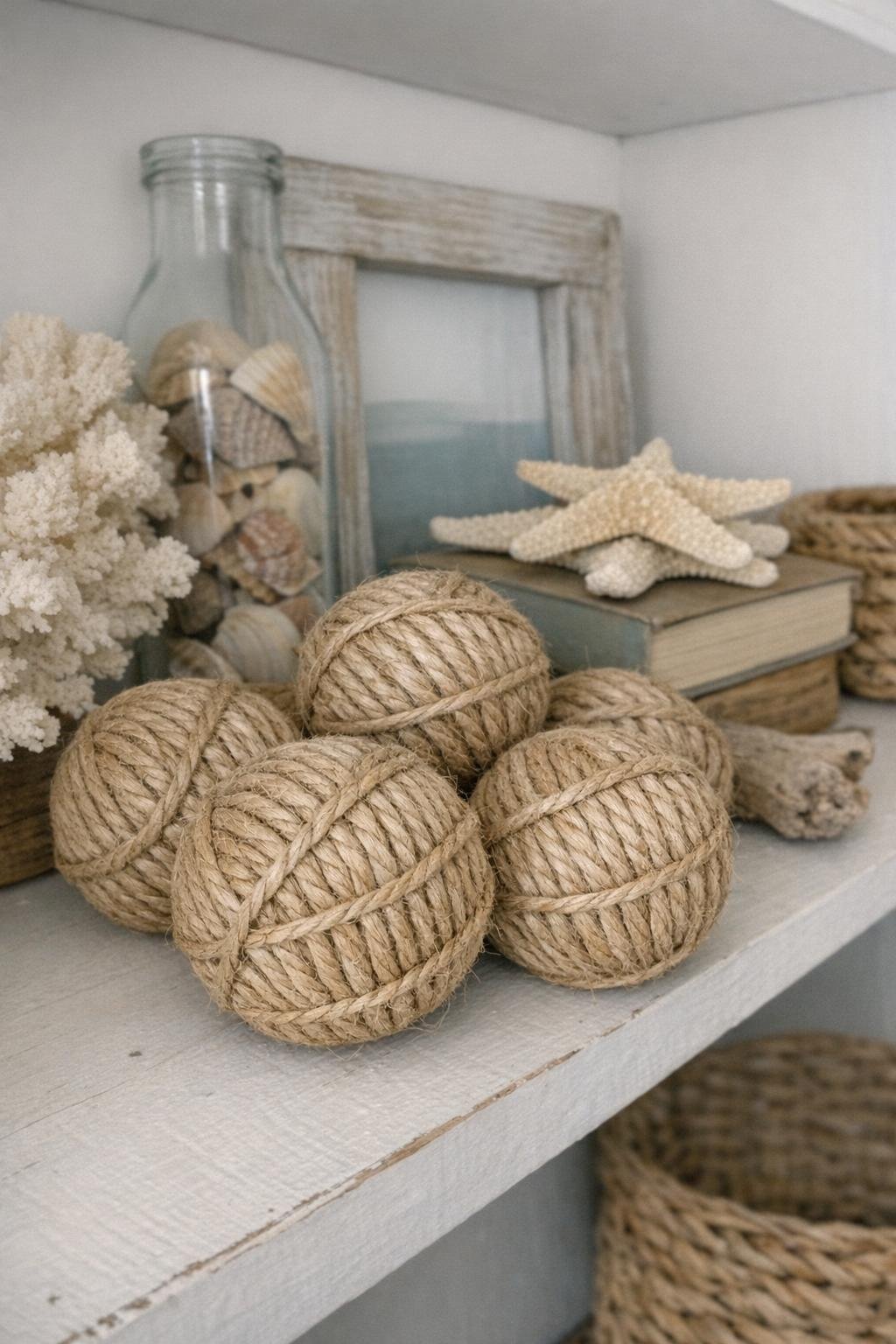 Rope-wrapped nautical balls on a shelf
