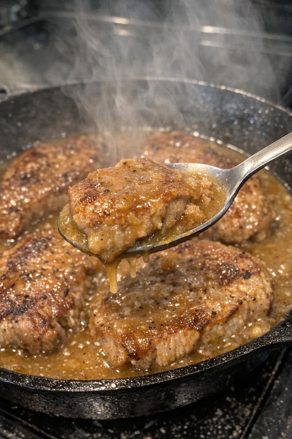 Tender browned pork chops in golden gravy in a cast iron skillet
