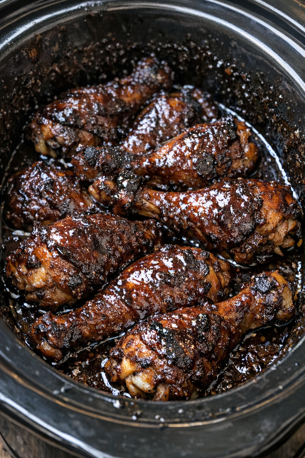 Slow cooker root beer chicken drumsticks in a black slow cooker