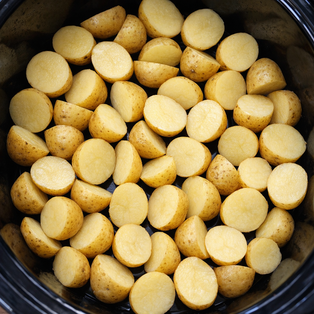 Baby potatoes layered in the bottom of a slow cooker