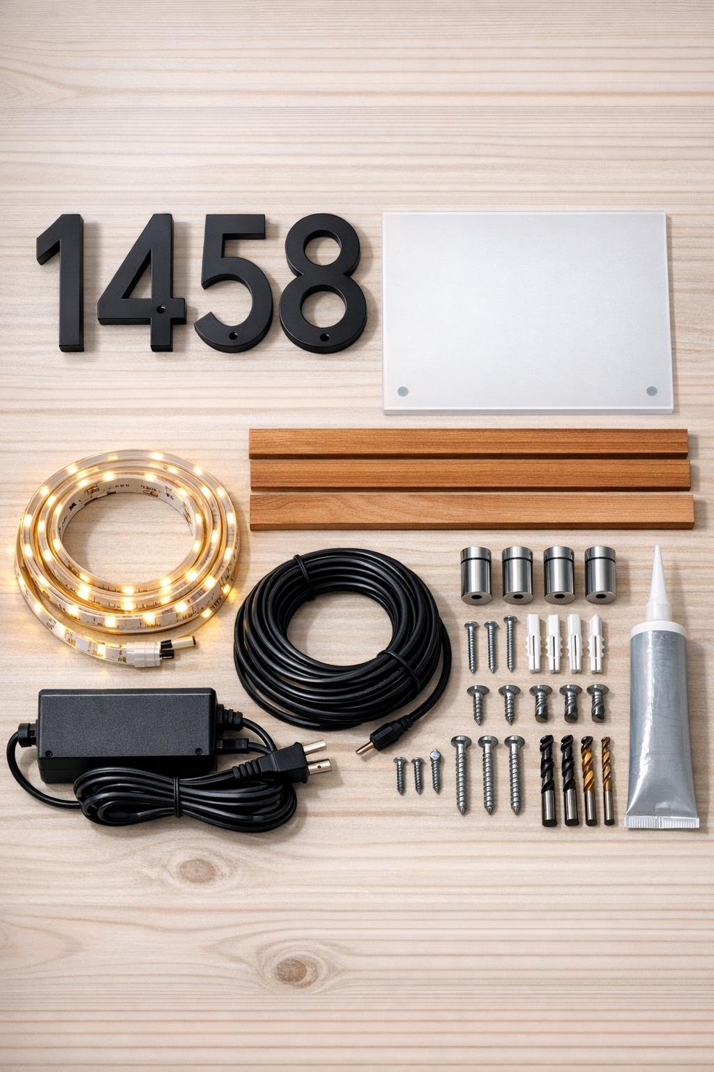 Materials for a glowing address wall laid out neatly
