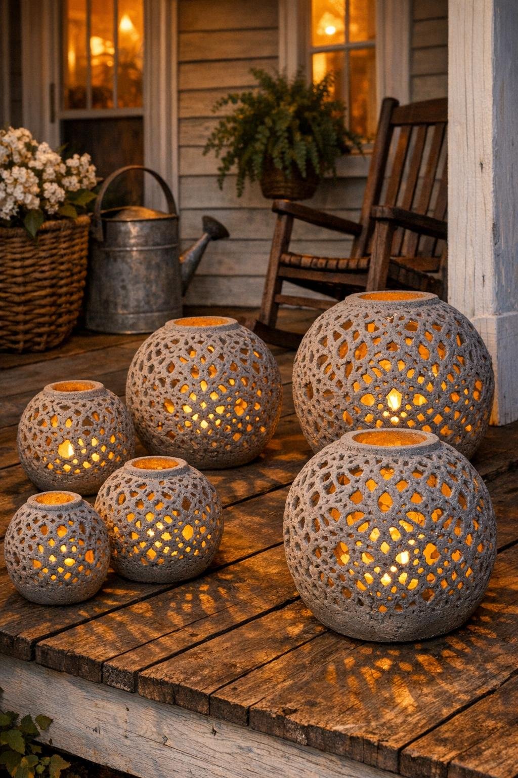 Finished cement lace orb porch lanterns
