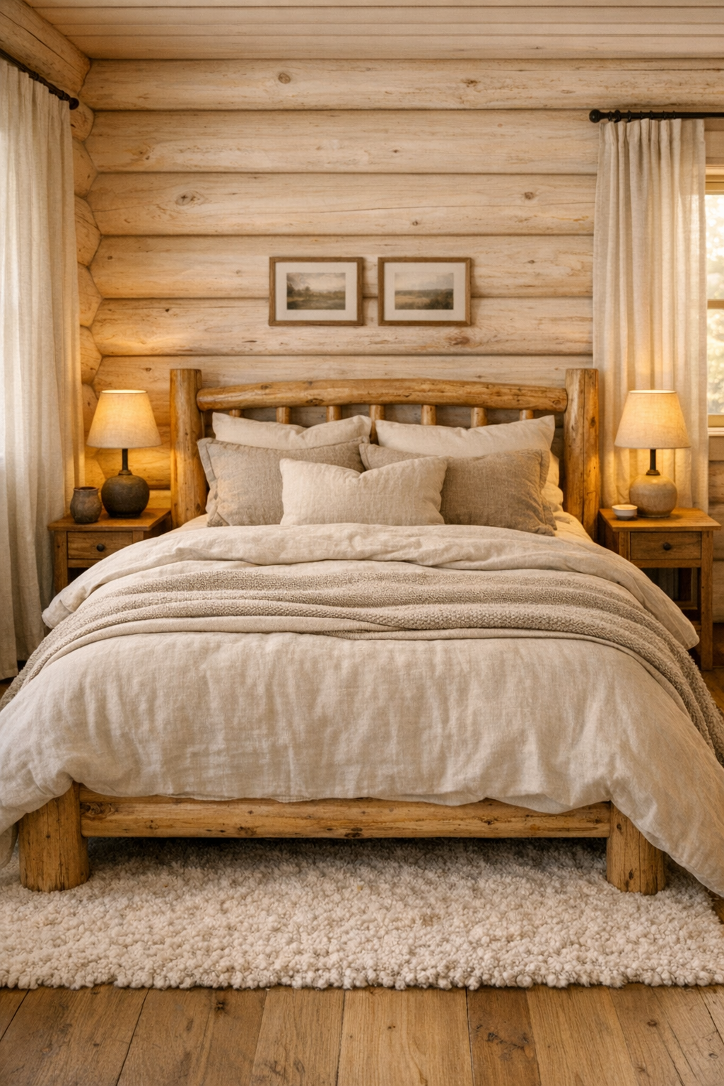 Peaceful bedroom with pale log walls, layered neutral bedding, and handcrafted wood furniture