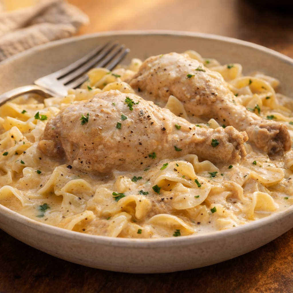 Chicken fricassee served over buttered egg noodles