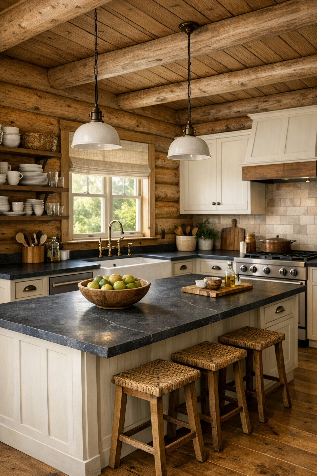 Craftsman log home kitchen with painted cabinets, soapstone counters, farmhouse sink, and a central island