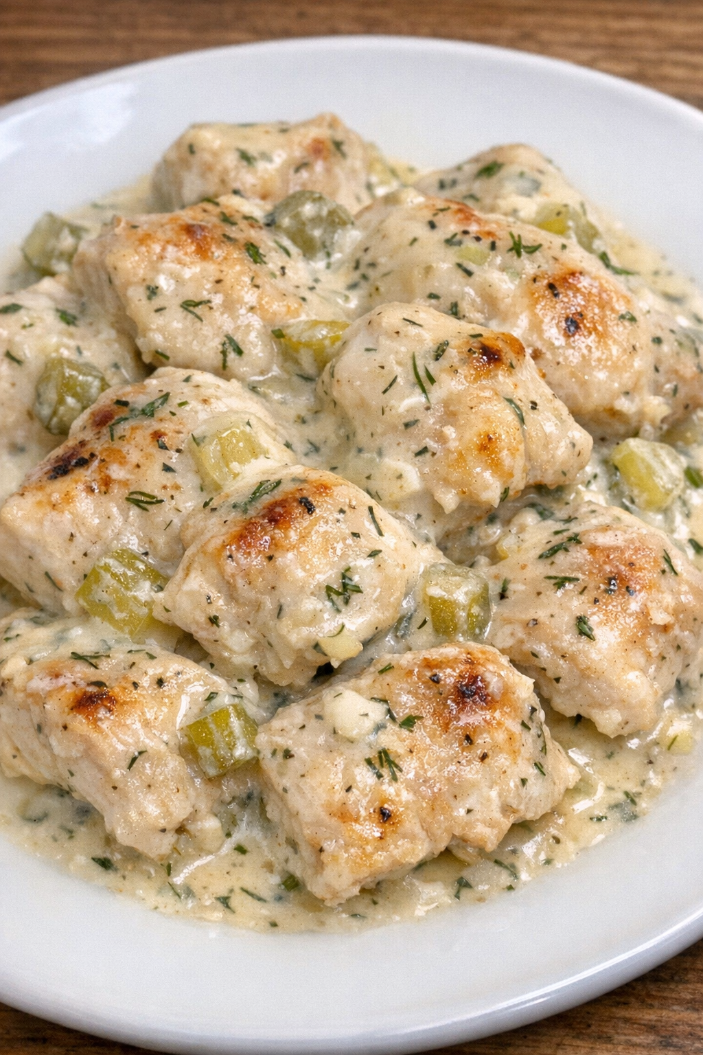 Creamy dill pickle chicken on a white plate