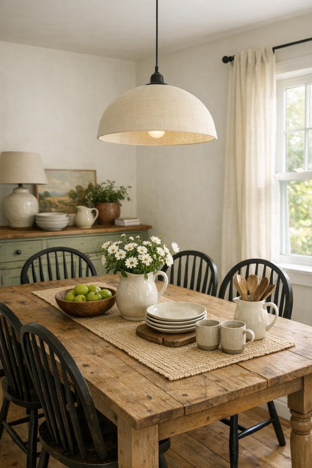 Charming cottage dining room with oak table, black Windsor chairs, and soft layered lighting