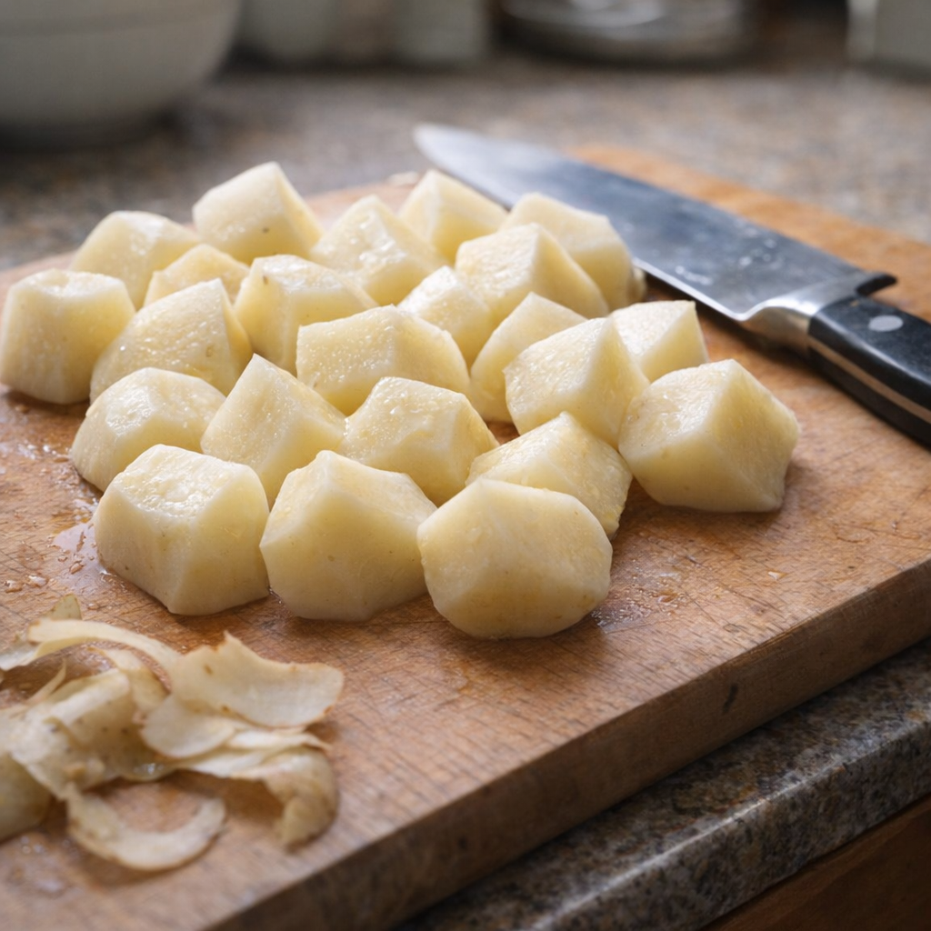 Chopped potatoes on a cutting board