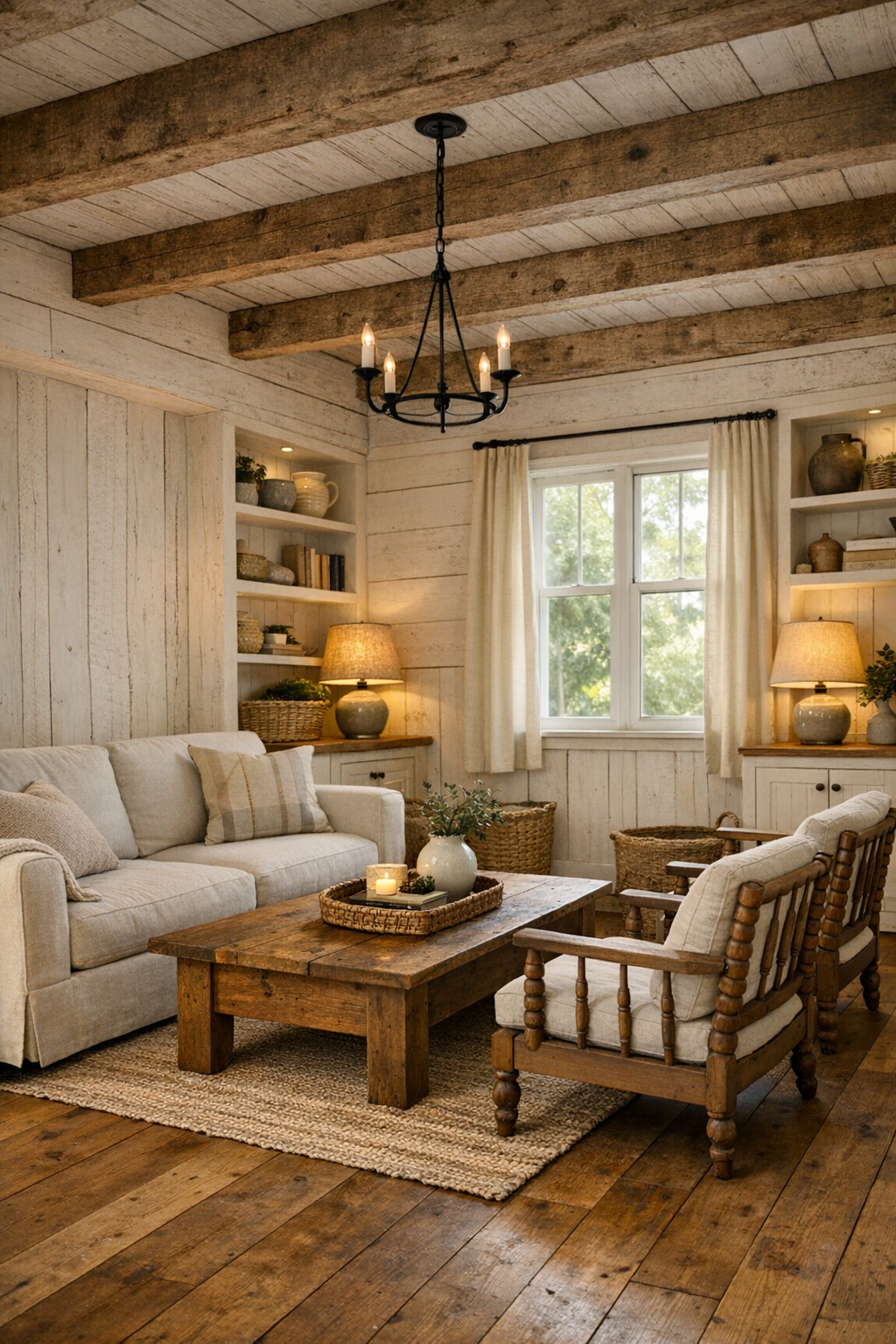 Cozy barn-style tiny home living room with exposed wood beams and built-in shelving